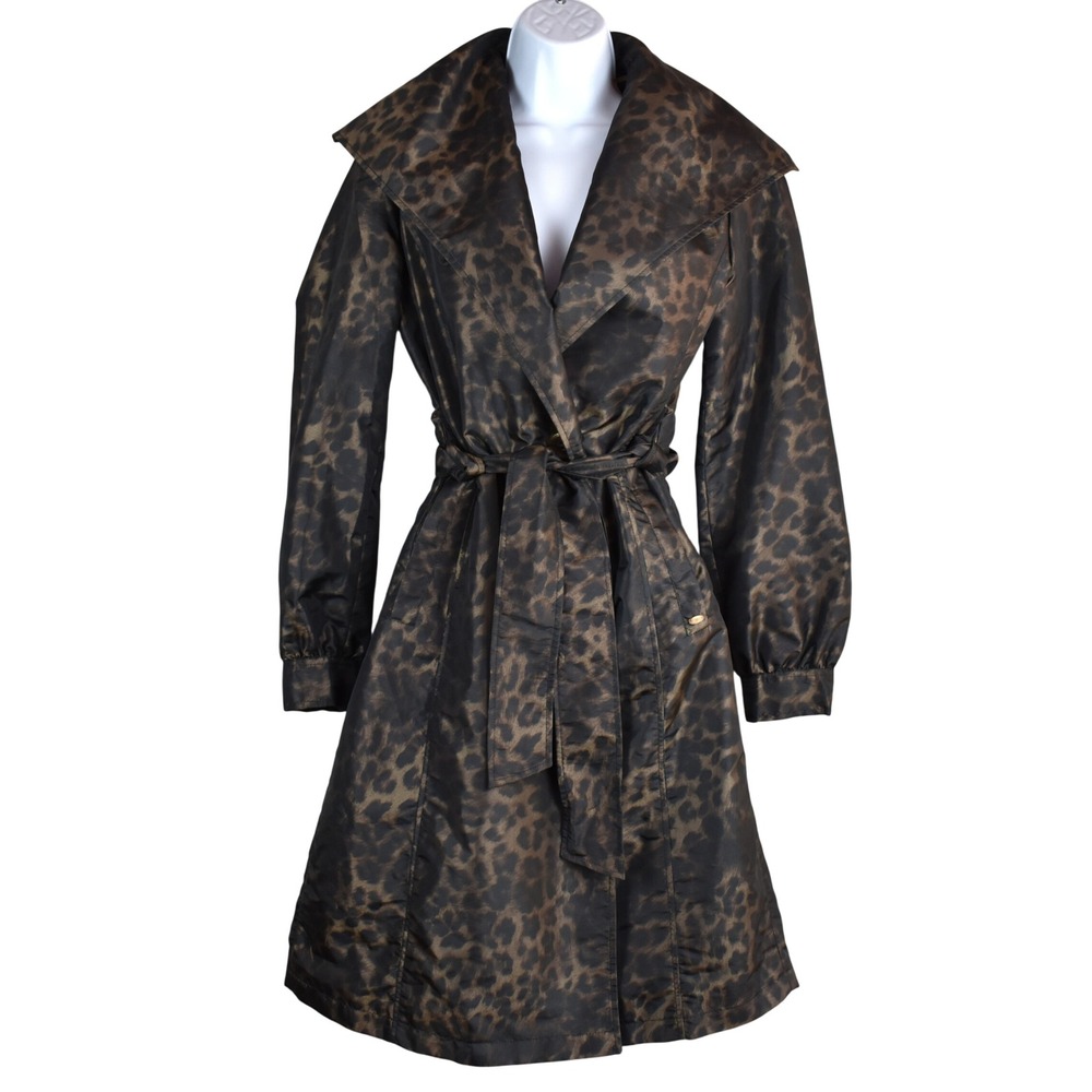 Ellen Tracy Trench Coat Womens XS Brown Black Leopard Animal Print Rain Jacket